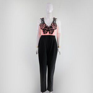 "Gorgeous Coral & Black Lace Detail Jumpsuit by Quiz - Must-have Outfit"